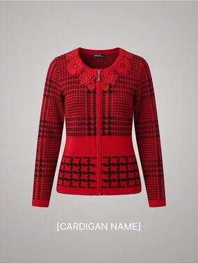 VEX Women’s Red Black Houndstooth Zip Cardigan Sweater Floral Detail